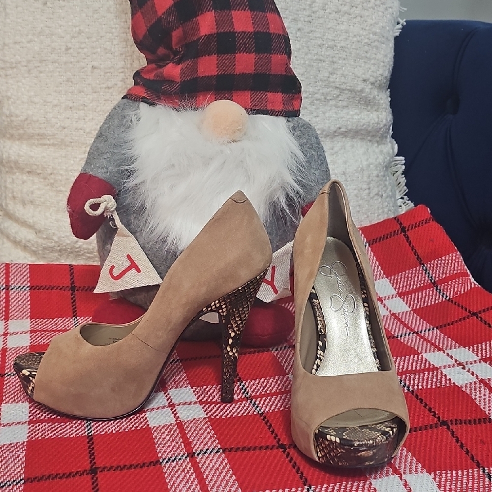 Jessica Simpson Tan and Brown Peep-Toe Heels